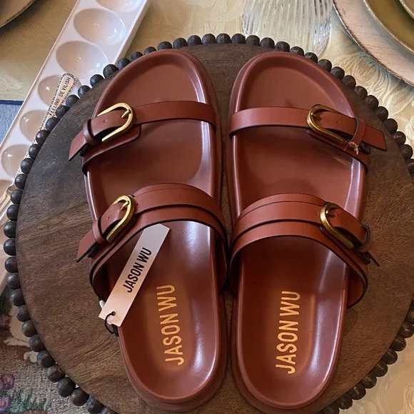 Jason Wu Rhonda Double Gold Buckle Slide Sandals - Picture 4 of 6